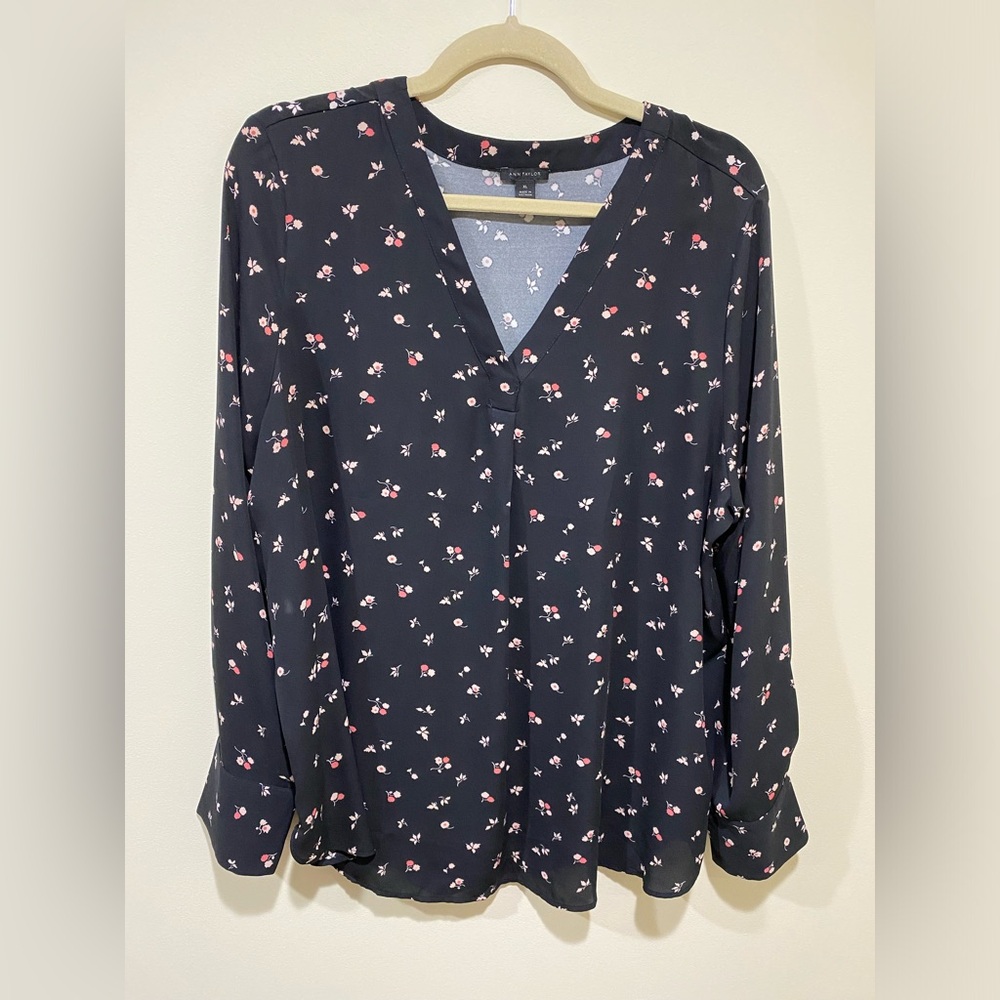 Ann Taylor V-neck Long Sleeve Black and Floral Blouse
